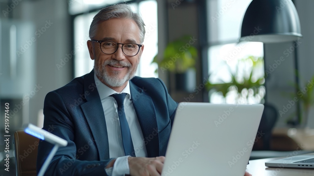 Adult business man executive sitting at desk using laptop Adult business man executive sitting at desk using laptop