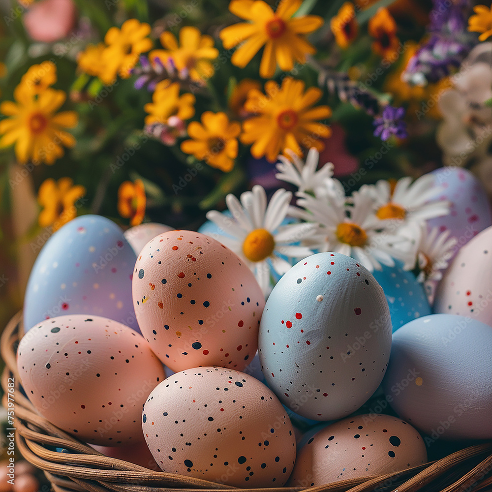 Easter eggs in a basket with daisies and wildflowers Easter eggs in a basket with daisies and wildflowers