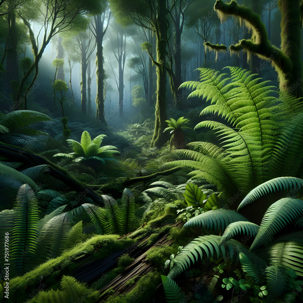 Lush green fern in a dense rainforest undergrowth 