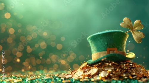 st patrick s day hat with gold coins on green background