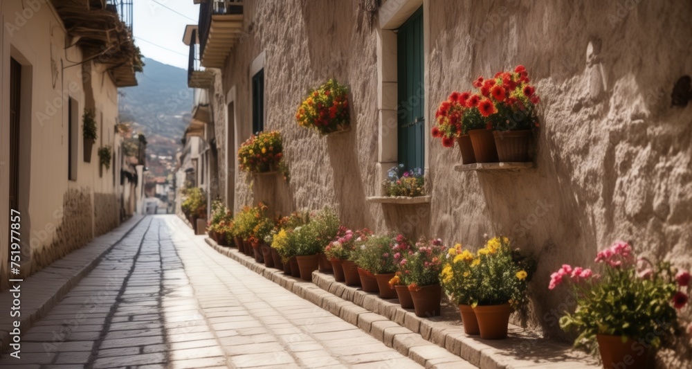 Fototapeta premium Charming alleyway blooming with vibrant flowers