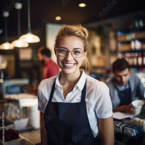 Smiling young and attractive sales woman cashier