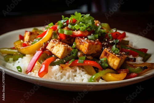  Photo of a colorful stir-fry featuring sweet garleek, bell peppers, and tofu, served over steamed rice, a delightful fusion of leek and garlic in an Asian-inspired dish