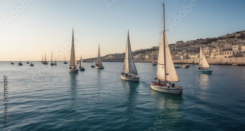  Sailboats gliding on serene waters at sunset © vivekFx