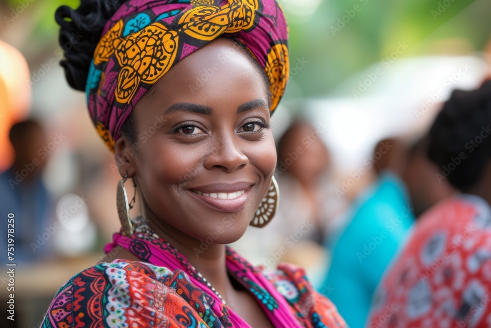 Close-up portrait of a joyful African woman with a vibrant headwrap and earrings, smiling sincerely, showcasing cultural beauty and happiness. cheerful African female in a colorful traditional attire