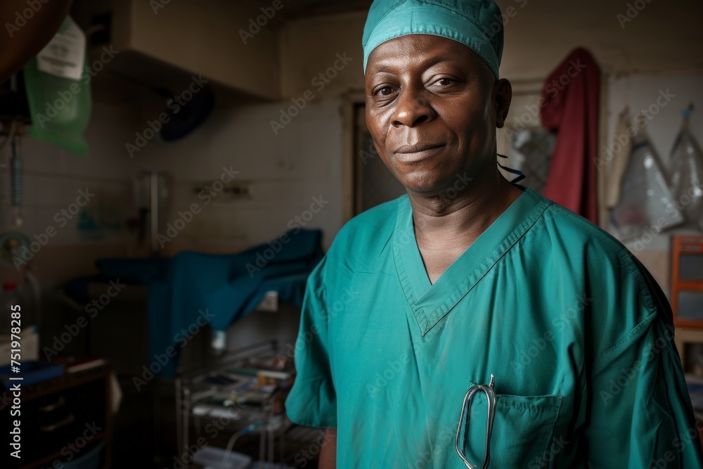 Confident African surgeon in scrubs poses in a clinic, his experienced presence reassuring amidst medical equipment. Seasoned surgeon stands in clinic, calm assurance in his stance, surrounded Confident African surgeon in scrubs poses in a clinic, his experienced presence reassuring amidst medical equipment. Seasoned surgeon stands in clinic, calm assurance in his stance, surrounded