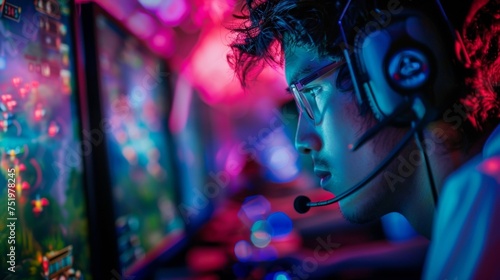 A players face lit up by the bright lights of the game eyes locked on the screen as they try to beat their opponents score. photo