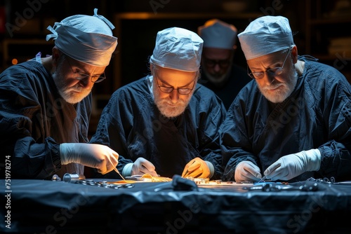 Surgeons in deep concentration over patient, the dim light focusing on the critical surgical task at hand. Medical experts gathered around operating table, engaging in complex surgery under lighting.