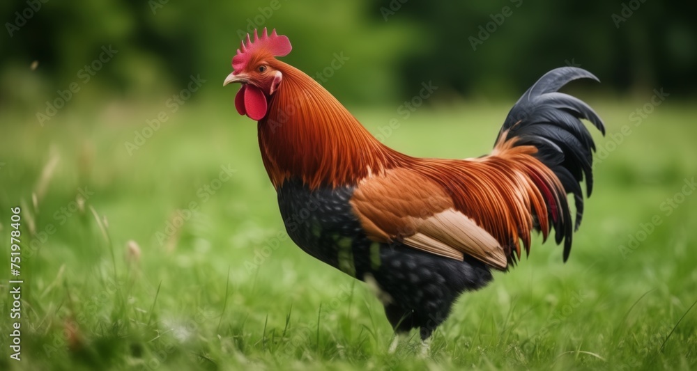 Fototapeta premium Vibrant rooster strutting in a field of green