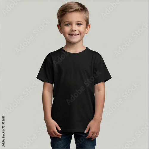 boy wearing black tshirt mock up, kids black tshirt mockup front view