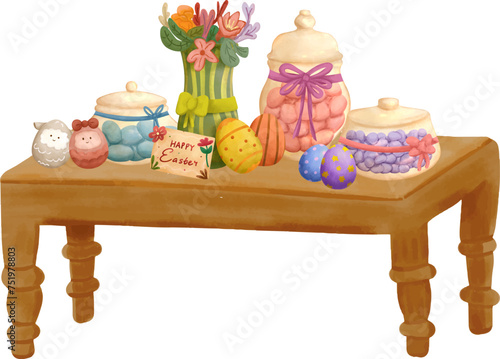 vector clip art cute watercolor crayon illustration style of easter eggs and plant with jar of chocolate on wooden table for decoration