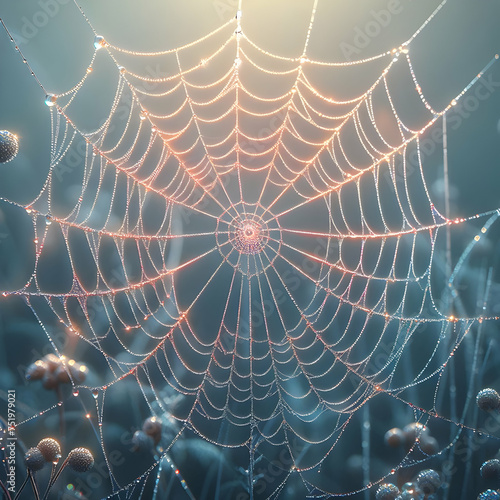 Delicate spiderweb glistening with morning dew 