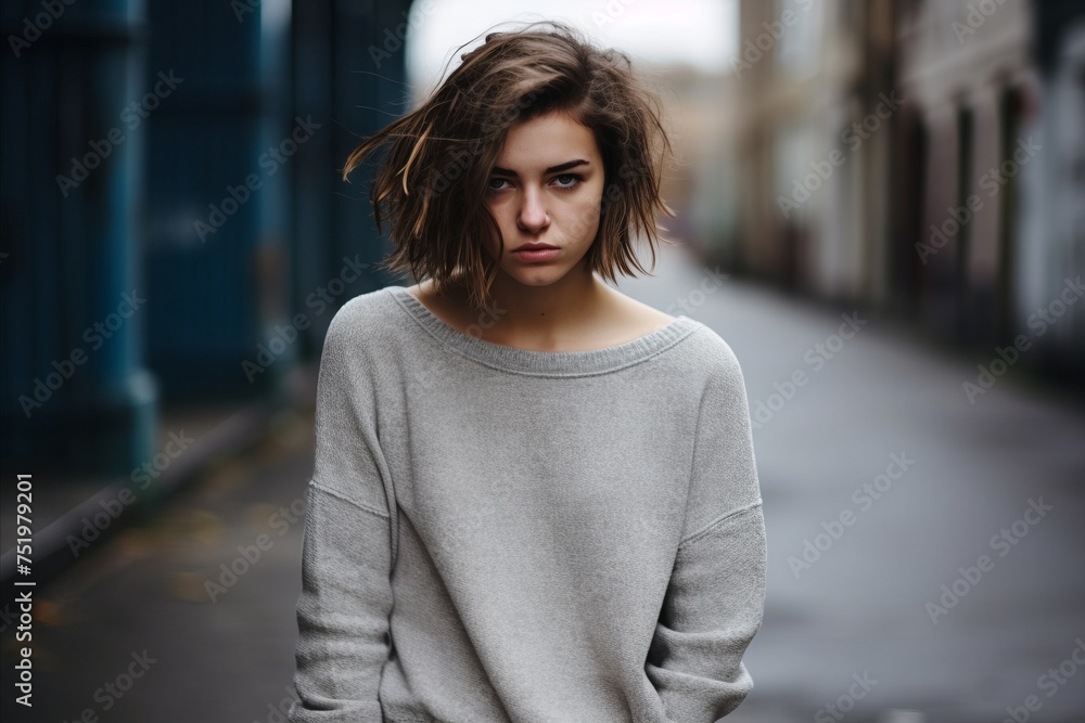 portrait of a young beautiful girl in a gray sweater on the street portrait of a young beautiful girl in a gray sweater on the street