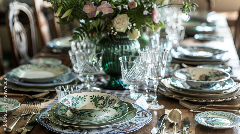 The dining table is set with mismatched vintage plates sparkling glassware and handcrafted centerpieces. The mix of old and new elements creates an inviting and unique atmosphere