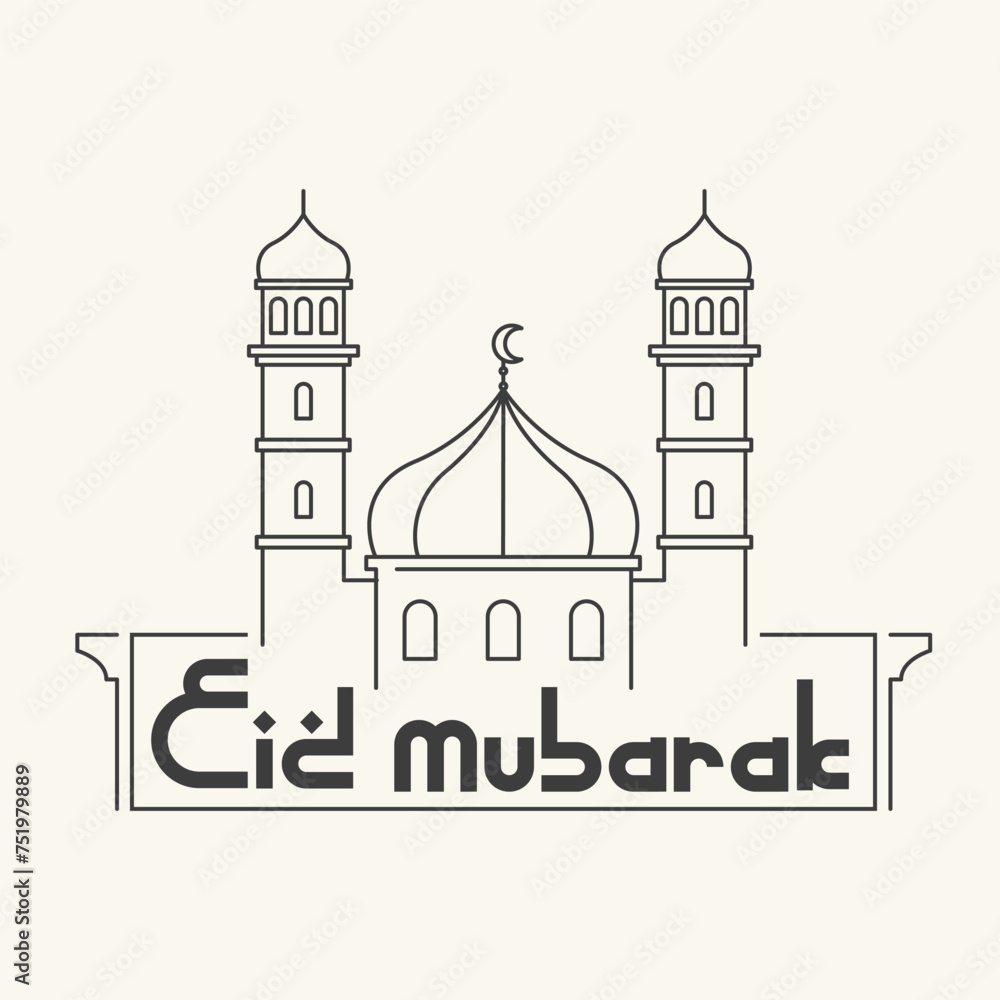 Eid Mubarak Typography with mosque line design. Religious holiday. Creative idea and Concept Design Eid Mubarak. Eid Fitr, Eid Adha.