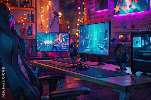 gamer room with PS sticks, computer gaming desk setup with neon shades