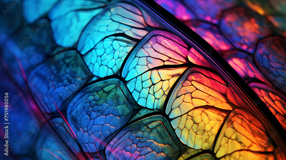 Colorful and vibrant abstract texture, psychedelic dragonfly wings under microscope Colorful and vibrant abstract texture, psychedelic dragonfly wings under microscope