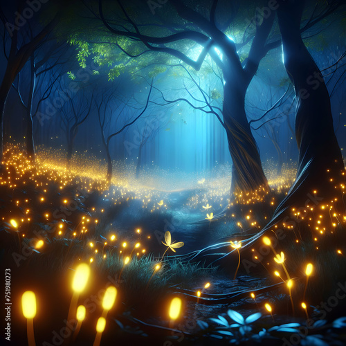 Glowing firefly in a dark enchanted forest 