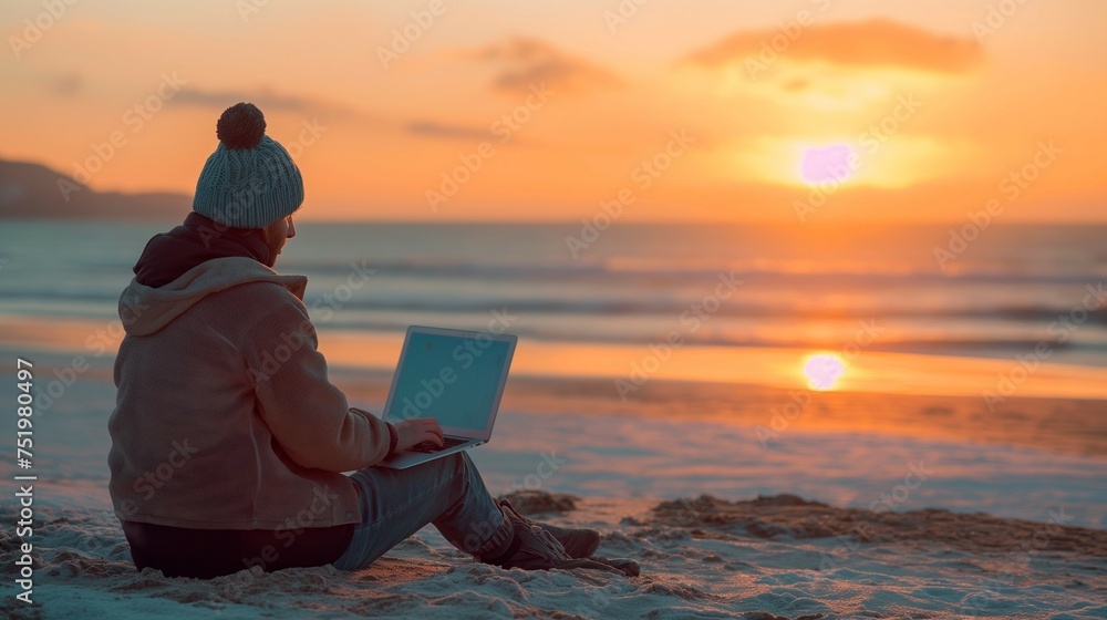 emote work bliss on a sandy beach as waves break at sunset, cozy attire meets job freedom