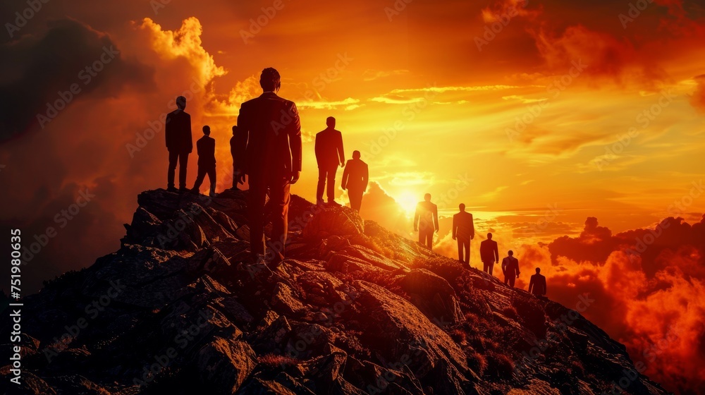 Fototapeta premium Silhouette of business team stand and feel happy on the most hight at stand on sunset, success, leader, teamwork, target, Aim, confident, achievement, goal, on plan, finish, generate by AI.