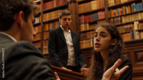 Two students engage in a heated debate gesturing animatedly and presenting their arguments to a panel of professors. The walls of the mock courtroom are lined with law books photo
