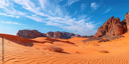 A view of the desert during the day with a bright blue sky. 