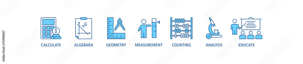 Mathematics banner web icon set vector illustration concept with icon of calculate, algebra, geometry, measurement, counting, analysis and educate Mathematics banner web icon set vector illustration concept with icon of calculate, algebra, geometry, measurement, counting, analysis and educate