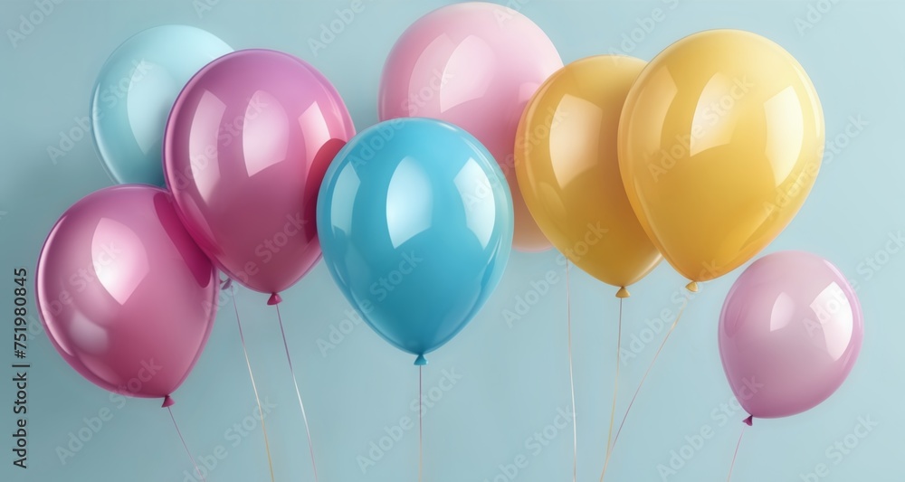  Bright balloons floating against a soft blue backdrop