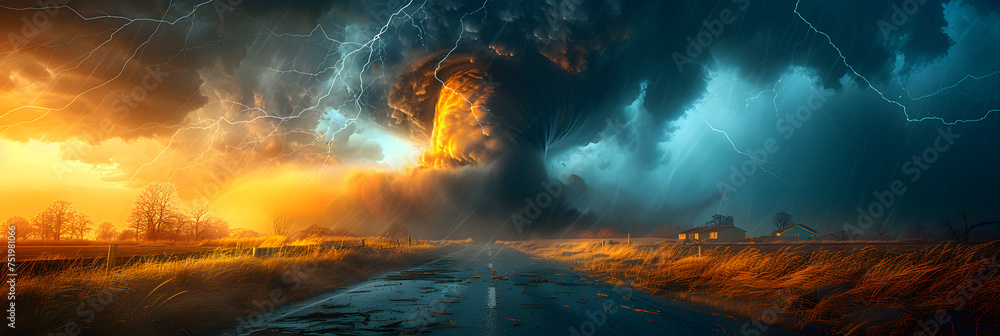 Free photo city in a tornado doomsday scene illustration,
 Raging tornado at the end of road
