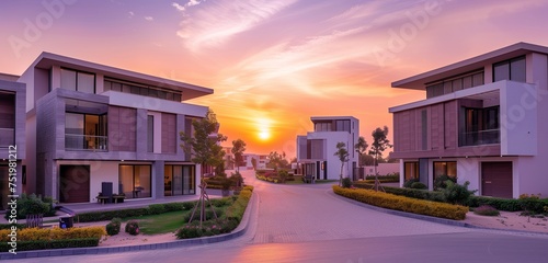 A sunset-lit contemporary villa street, where glass facades reflect the hues of the sky seamlessly. © Muhammad