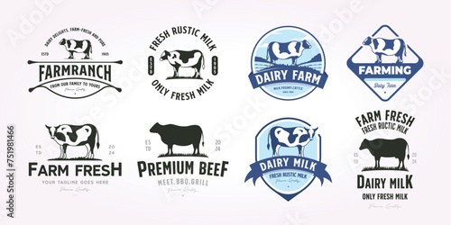 set bundle cattle farm logo template. bundling of dairy farm logo vector design. illustration vintage of cow, farm, milk