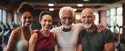 Smiling group older of friends in sportswear laughing together while standing arm in arm in a gym after a workout, senior, healthy, friendship, adult, exercising, together, lifestyles photo