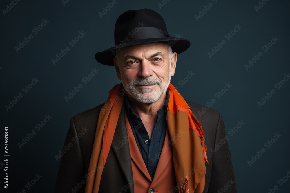 Portrait of a senior man wearing a hat and orange scarf. Portrait of a senior man wearing a hat and orange scarf.