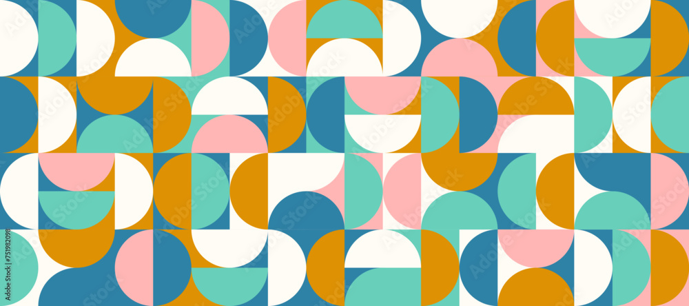 Bright semicircles seamless pattern. Abstract geometric half circles in squares repeating background. Color Swiss modernism or postmodern style wallpaper. Vector pink, golden, green modular backdrop Bright semicircles seamless pattern. Abstract geometric half circles in squares repeating background. Color Swiss modernism or postmodern style wallpaper. Vector pink, golden, green modular backdrop