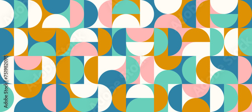 Bright semicircles seamless pattern. Abstract geometric half circles in squares repeating background. Color Swiss modernism or postmodern style wallpaper. Vector pink, golden, green modular backdrop