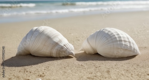  Two seashells resting on sandy beach