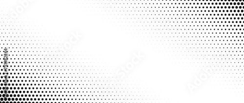 Hexagon corner halftone gradient texture. Diagonal black grunge hex gradation background. Geometric retro tech wallpaper. Fading hexagonal pattern backdrop. Vector vanishing honeycomb grunge overlay