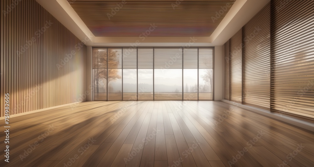 Modern minimalist interior with large windows and wooden floor Modern minimalist interior with large windows and wooden floor