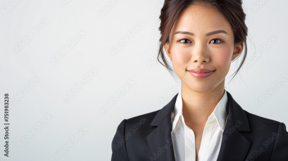 Beautiful studio portrait of young, stylish asian executive businesswoman wearing black blazer suit, looking at camera with confidence on white background.