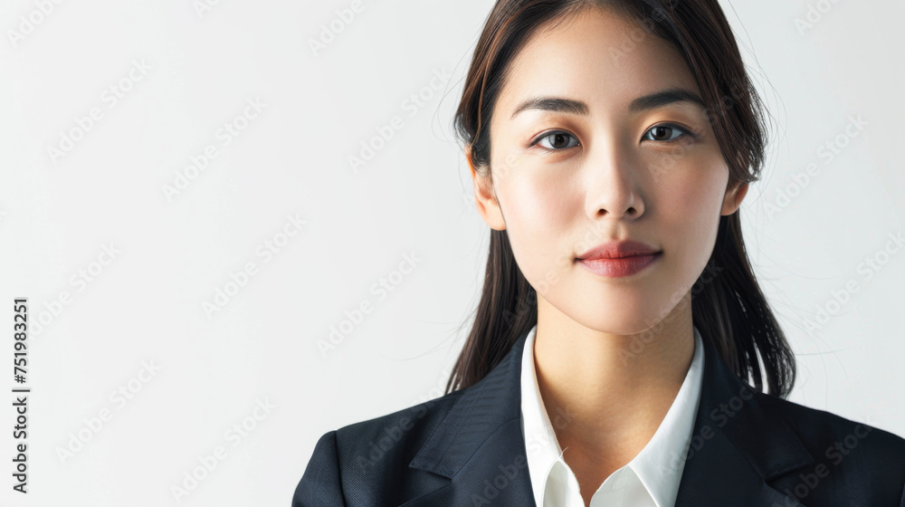 Beautiful studio portrait of young, stylish asian executive businesswoman wearing black blazer suit, looking at camera with confidence on white background. Beautiful studio portrait of young, stylish asian executive businesswoman wearing black blazer suit, looking at camera with confidence on white background.
