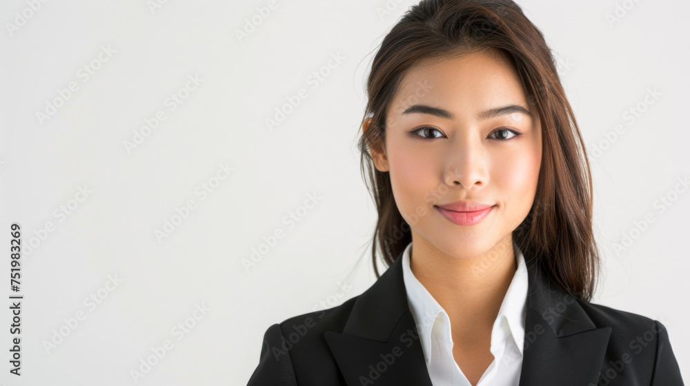 Beautiful studio portrait of young, stylish asian executive businesswoman wearing black blazer suit, looking at camera with confidence on white background. Beautiful studio portrait of young, stylish asian executive businesswoman wearing black blazer suit, looking at camera with confidence on white background.