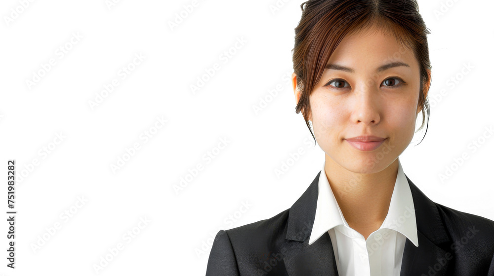 Beautiful studio portrait of young, stylish asian executive businesswoman wearing black blazer suit, looking at camera with confidence on white background. Beautiful studio portrait of young, stylish asian executive businesswoman wearing black blazer suit, looking at camera with confidence on white background.