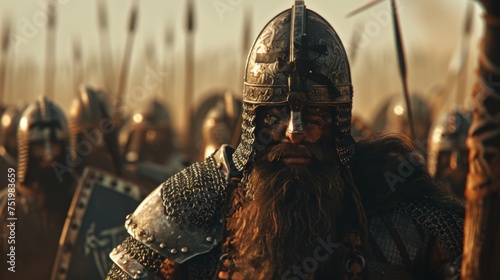 An imposing figure in full armor sporting a long beard and a fierce expression leading a group of Varangian mercenaries into battle.