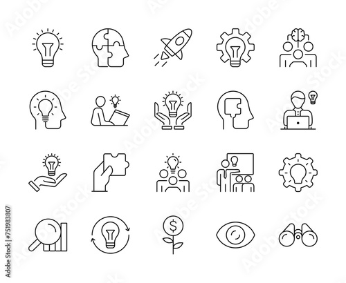 Creative ideas and solutions line icons. lampu puzel orang rocket brain. Editable vector stroke. vector illustration.