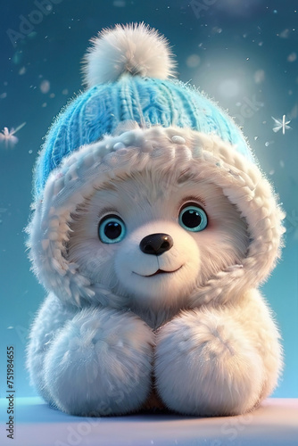 Cute teddy bear in a winter hat with snowflakes © thachakrit