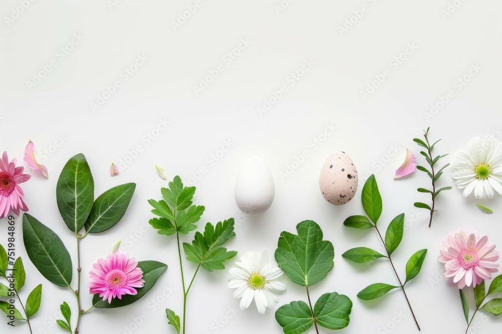 Spring flowers flat lay and easter eggs in white background Spring flowers flat lay and easter eggs in white background