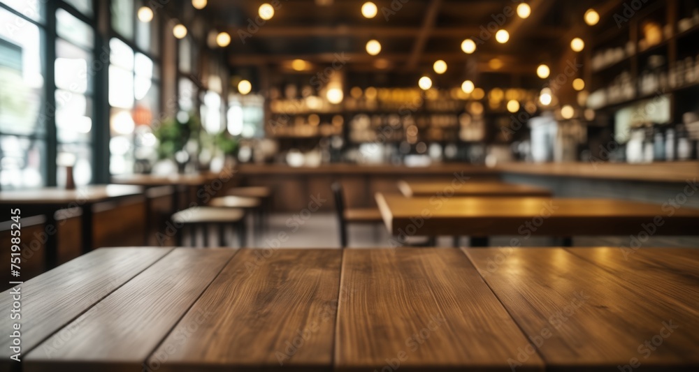  Cozy caf? ambiance with warm lighting and wooden tables - obrazy, fototapety, plakaty 