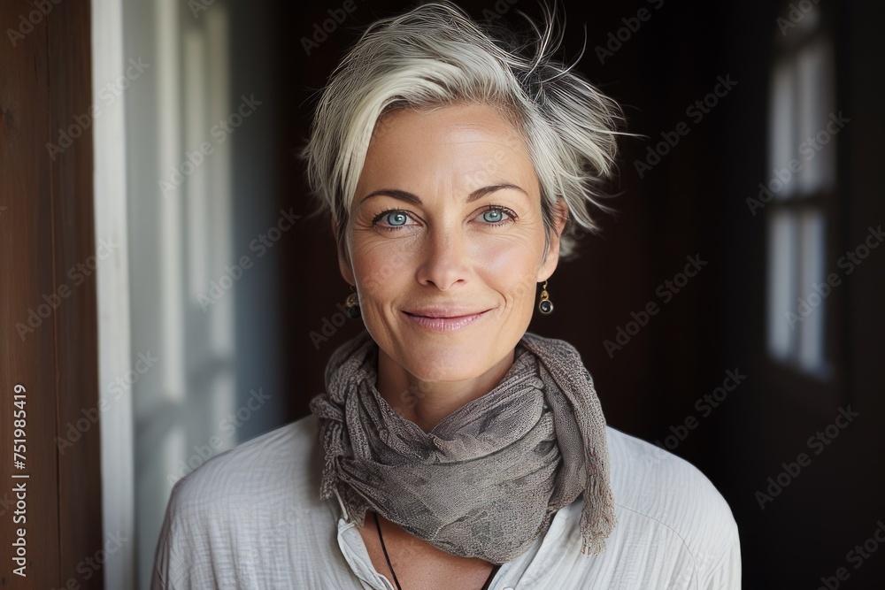 Portrait of a beautiful middle-aged woman with short blond hair wearing a scarf. Portrait of a beautiful middle-aged woman with short blond hair wearing a scarf.
