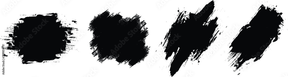 Vector black paint brush spots, highlighter lines or felt-tip pen marker. Ink smudge abstract shape stains and smear set with texture - Vector - obrazy, fototapety, plakaty 