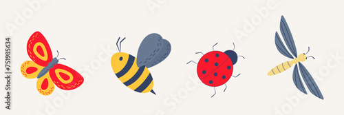 Cartoon insects. Cute butterfly, bee, ladybug, dragonfly. Cartoon flat vector illustrations isolated